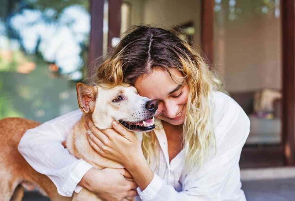 Imagen decorativa de un perro abrazado por una mujer sonriente
